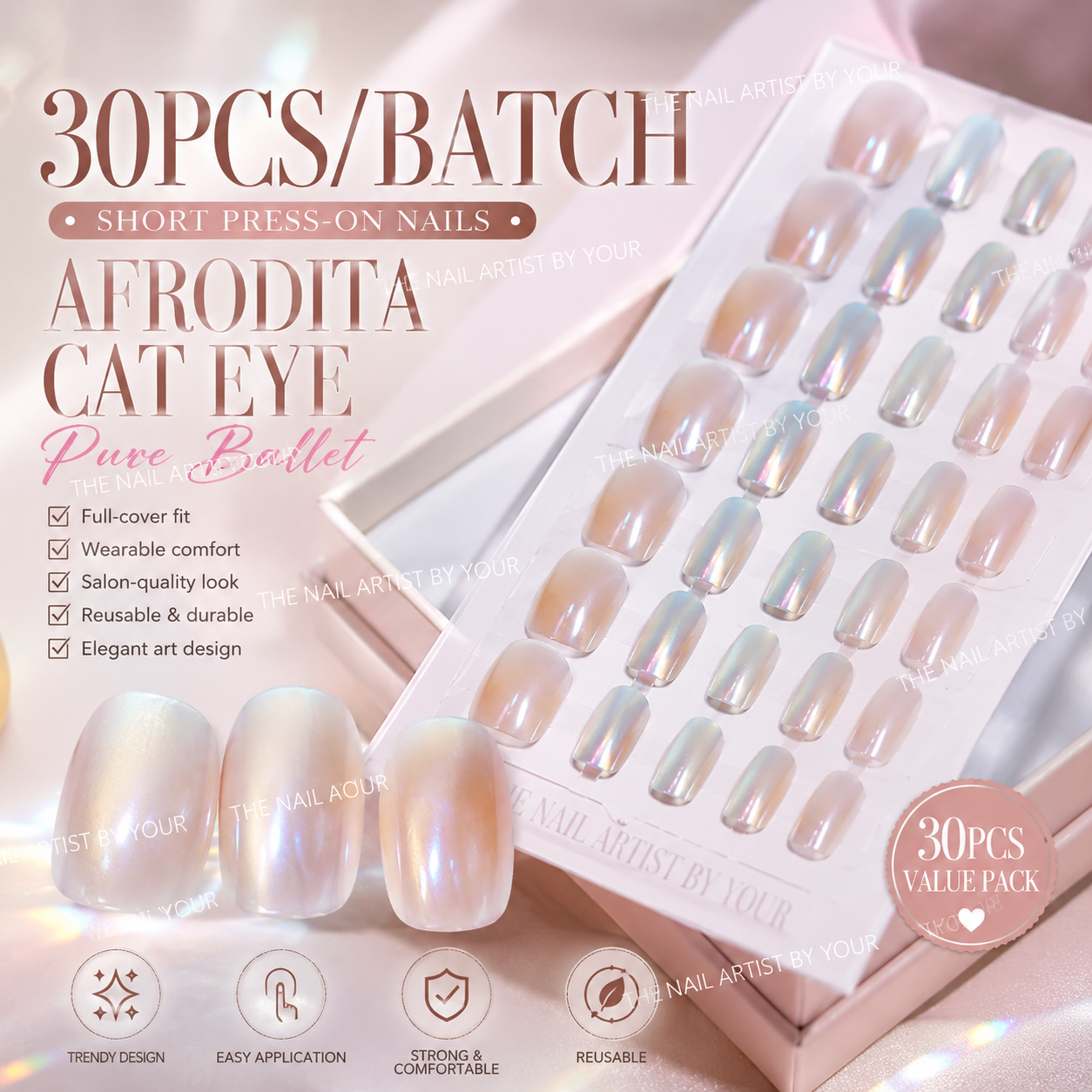 Nail Art Full Cat Eye - 30Pcs/lot Short Press On Nails Aurora
