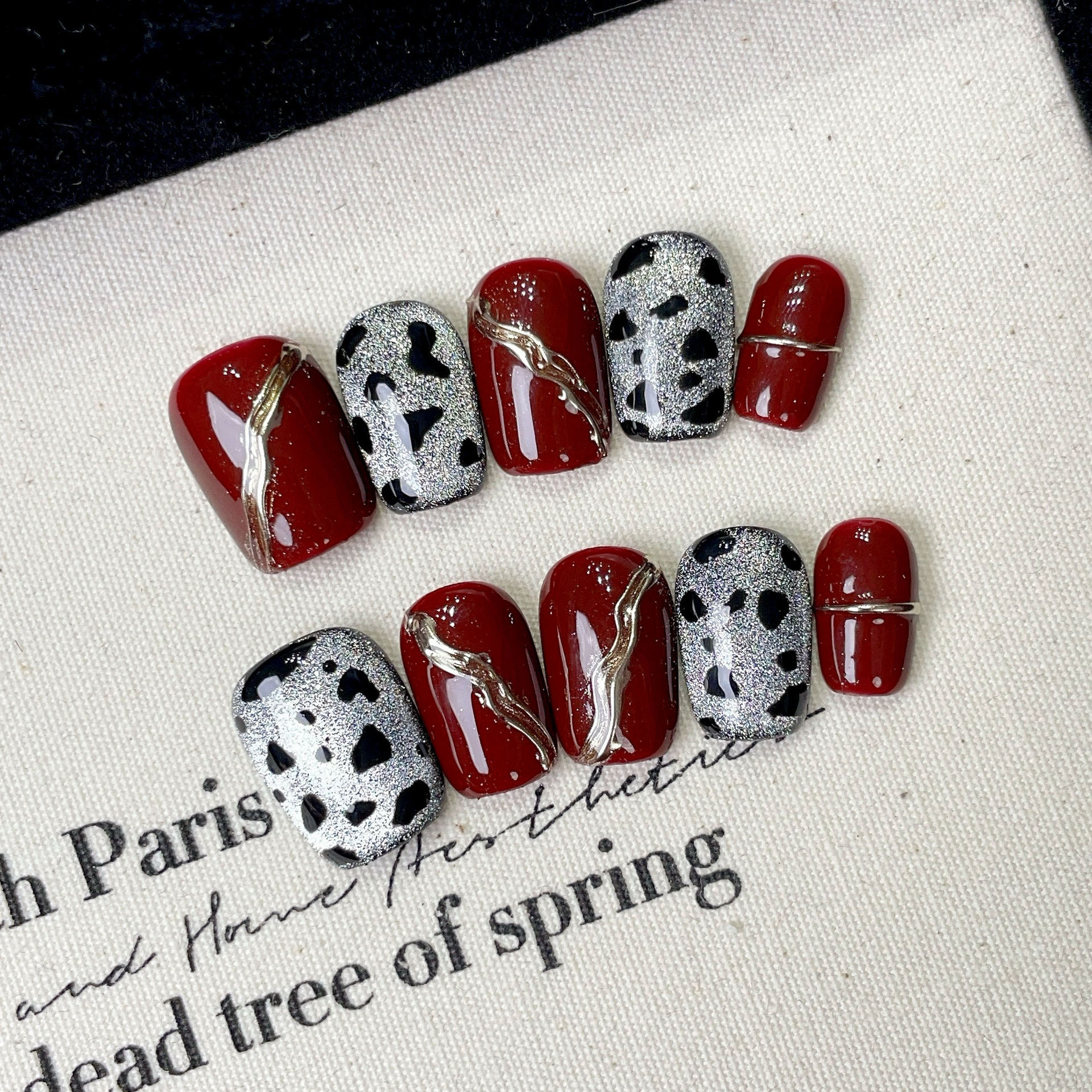 Nail Art Full Cat Eye - 10 PCS Luxury Handmade Short Red